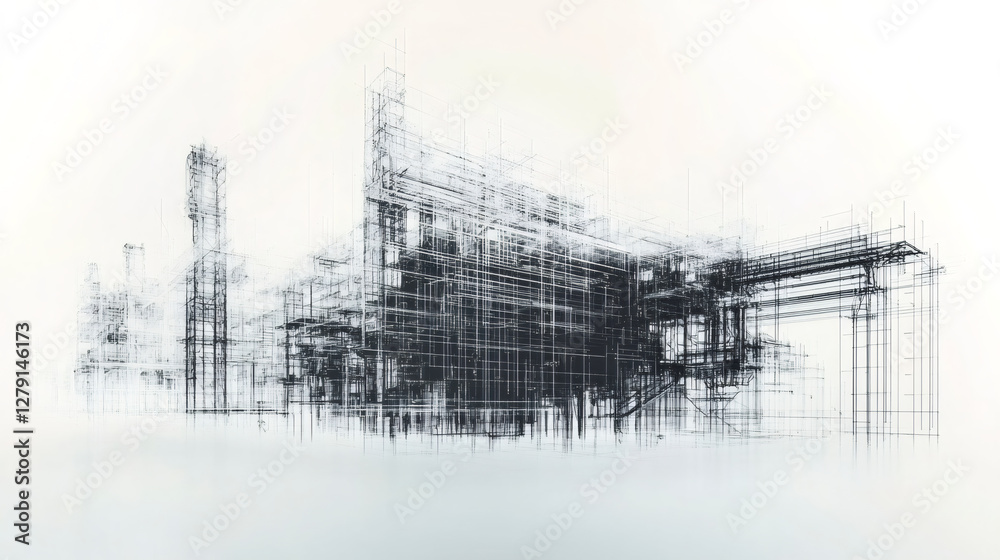 Poster detailed wireframe rendering revealing complex industrial architectural structure, highlighting engi
