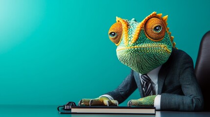 Green and orange lizard is sitting at a desk with a keyboard and a book. The lizard is wearing a suit and tie, giving the impression that it is a businessman. Concept of humor and playfulness