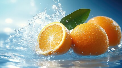 Fresh oranges with leaves and a sliced orange wedge splash in water, creating droplets and waves, against a blue background