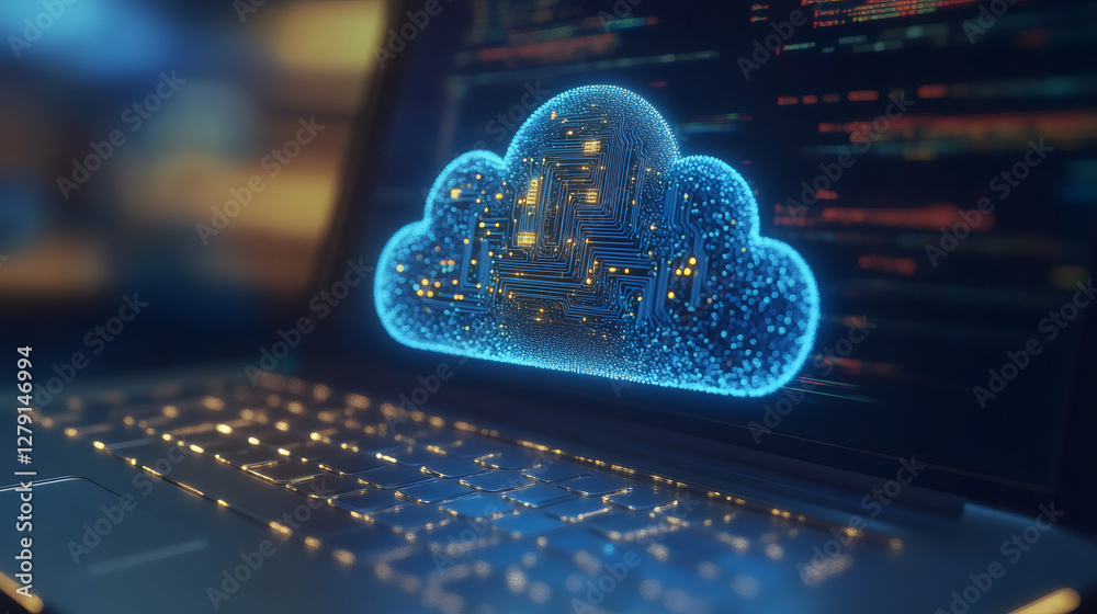 Poster Cloud computing technology with printed circuit board floating over laptop keyboard with source code in the background, futuristic server room