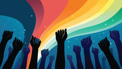 Design a vibrant, vector banner promoting democracy, featuring diverse people participating in a peaceful election or protest.  Include symbolic imagery representing freedom and equality.