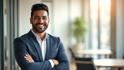 Handsome Hispanic man in suit poses confidently indoors. Successful businessman smiles arms crossed in modern business office. Confident latin entrepreneur, manager, employee candidate. Leadership,