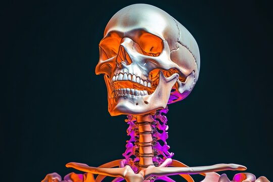 Skeleton with a yellowish glow on its face. The skull is in a dark background. The skull is in a very detailed and realistic manner