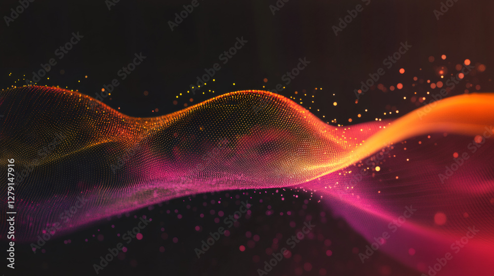 Poster Plexus effect with glowing particles forming a colorful wave on a dark background, ideal for technology and science concepts