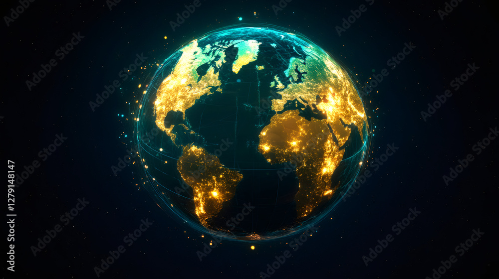 Aufkleber rotating globe glowing with city lights, network lines connecting continents against starry dark spa