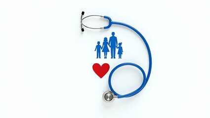 "A conceptual image of a blue stethoscope forming a circle around a family cutout and a red heart, symbolizing healthcare, protection, love, and family well-being."