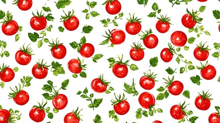 Seamless Pattern of Red Cherry Tomatoes and Green Leaves on a White Background