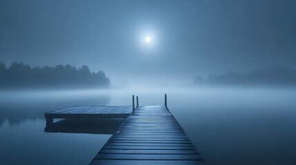 Naklejka premium Serene moonlit night scene with a wooden dock extending into a misty lake.
