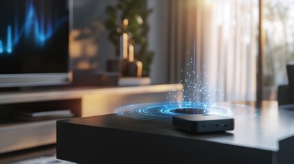 Modern living room with smart home technology and digital connectivity