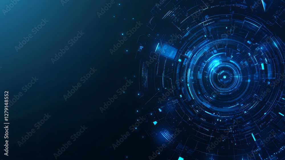 Poster Complex circular digital interface processing data with glowing blue light effect on dark background