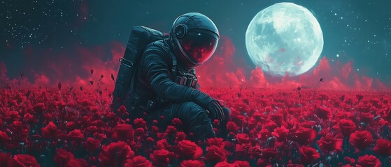 Obraz premium Fatigued Astronaut Among Red Roses Under an Alien Moon – Sci-Fi Surrealism in 4K