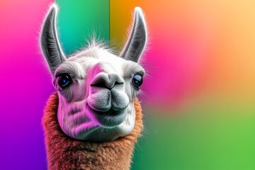 Obraz premium White llama with a brown scarf around its neck. The scarf is colorful and the llama is looking at the camera