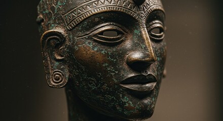 Ancient African Sculpture  A close-up photograph of a bronze or metal sculpture depicting a stylized human head, likely of African origin, with intricate details and a rich, textured patina.