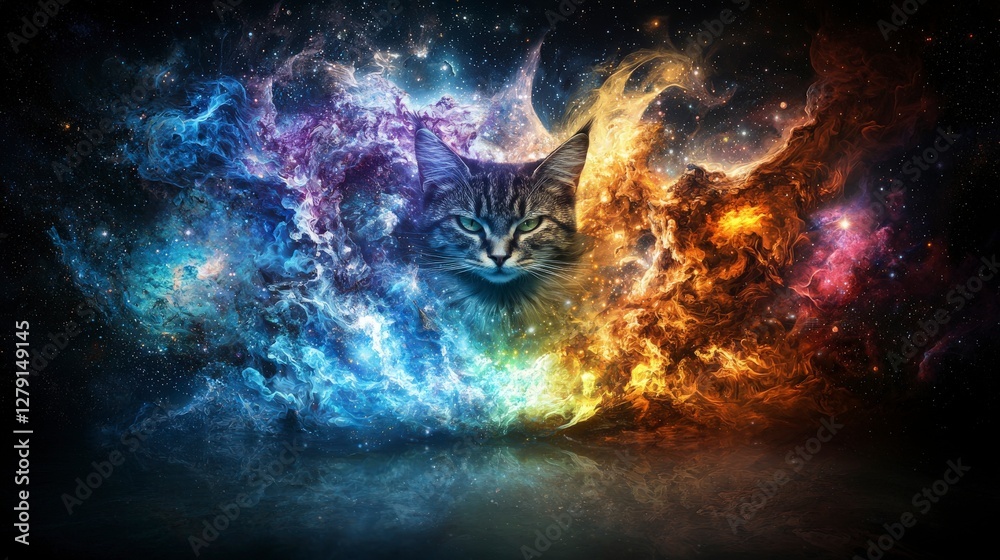 Poster cosmic cat designer explores existence truths in a mystical universe setting creative artwork dreaml
