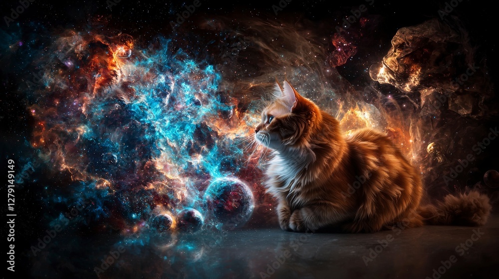 Wall mural exploring existence cosmic adventures of a cat designer in a mystical digital space environment