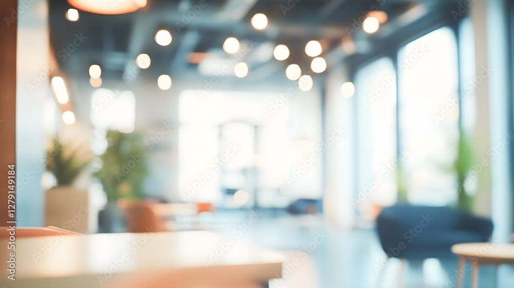 Poster Softly Blurred Modern Workspace with Warm Ambient Lighting