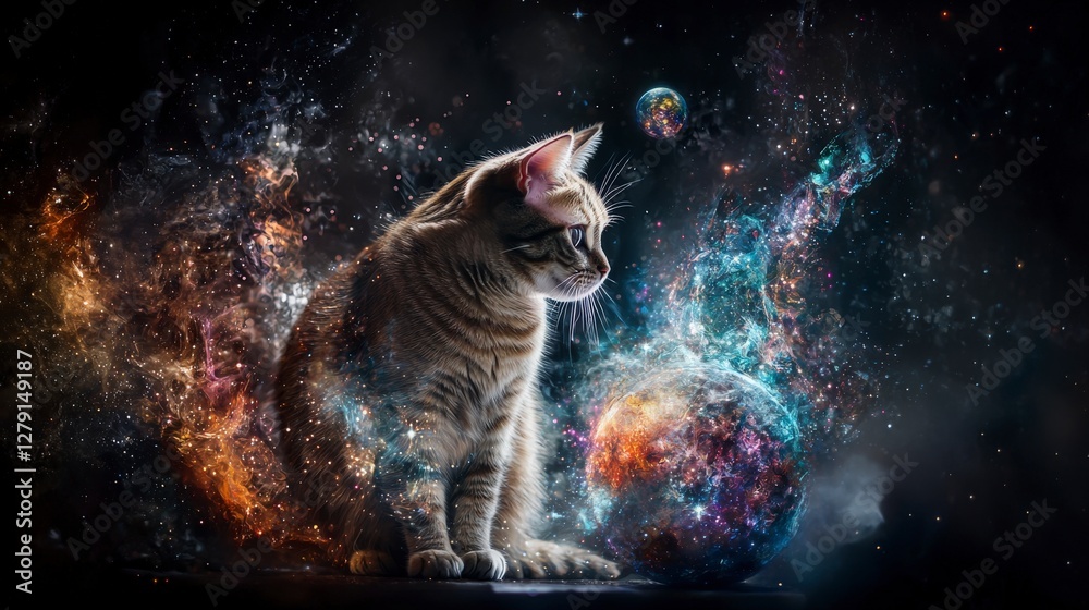 Leinwandbilder cosmic design exploration cat in space digital art mystical environment side view existential concep
