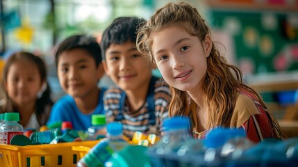 Children engaged in recycling activity, promoting environmental awareness and teamwork.