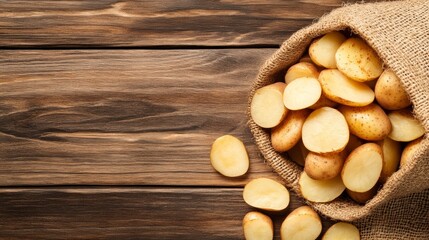 Naklejka premium Bag of potatoes is on a wooden table. The potatoes are cut in half and scattered around the bag