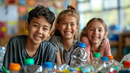 Children smiling with collected plastic bottles for recycling and environmental awareness.