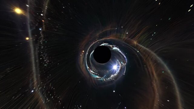 A mesmerizing black hole warps space and time, creating a stunning gravitational lensing effect. Bright stars and cosmic dust swirl around the dark singularity, forming an awe-inspiring deep space sce