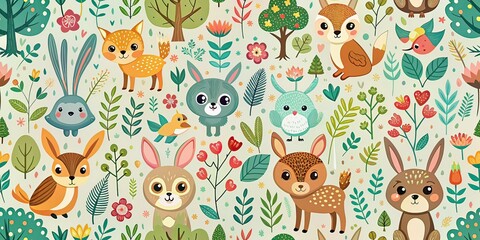 Naklejka premium Cute Woodland Animals Seamless Pattern Minimalist AI Art