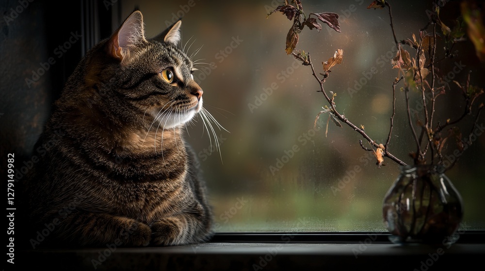 Poster Cat philosopher observing nature from window minimalist home calm atmosphere intimate viewpoint serene reflection