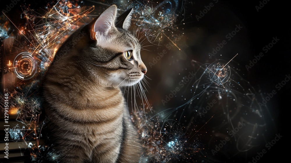 Poster a cat contemplating change in a cosmic library surrounded by books indoor artistic thoughtful concep