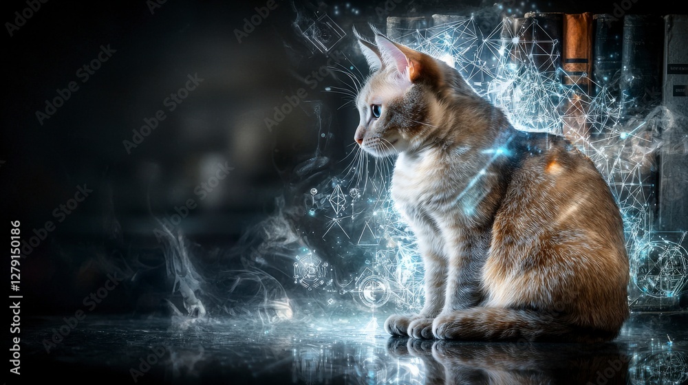 Poster a reflective cat contemplating change among books in a cozy library setting surreal imagery creative