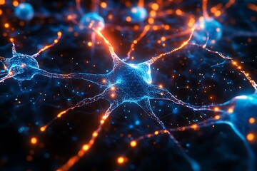 Obraz premium Bioluminescent neurons glowing in the dark, with orange and blue lights on their surface, against an abstract background of black space.