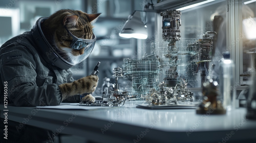 Poster cat spacecraft engineer designing high-pressure systems in a futuristic lab environment for innovati