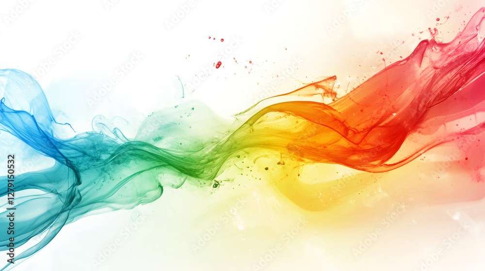 Poster vibrant multicolored smoke swirling, blending, generating dynamic abstract patterns against stark wh
