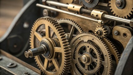Close-up of Interlocking Brass Gears Steampunk Industrial Machinery, Cogwheel Mechanism, Vintage Technology Steampunk, Mechanism