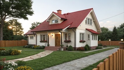 Cozy Cottage Sunset Render Red Roof, White Siding, Landscaping, 3D Model, Home Design Home Design, 3D Rendering