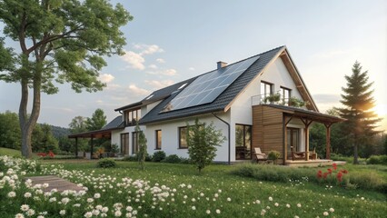 Modern Solar House 3D Render, Sustainable Home Design, Eco-Friendly Architecture, White Walls, Green Landscape Solar Panels, Sustainable Living