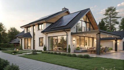 Modern Solar Home Architectural Visualization Dusk Exterior, Brick and Wood Design, keyword Sustainable Housing, Eco-Friendly Home