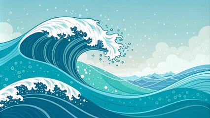 Ocean Wave Illustration Teal and White Design, Art, Japanese Wave Concept, Sea, Water Ocean, Wave