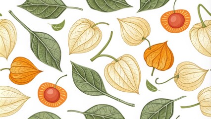 Physalis Seamless Pattern Hand-drawn Illustration, Botanical Design, Stipple Texture, Autumnal Colors Physalis, Botanical Illustration