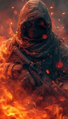 A lone soldier gripping his gun, facing flames and violent weather
