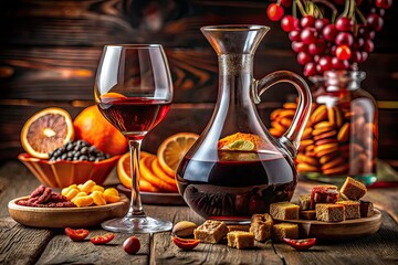 Obraz premium Decanter Red Wine Snacks Candy Orange Macro Still Life