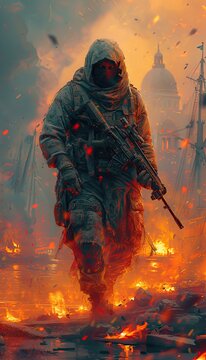 A lone soldier gripping his gun, facing flames and violent weather