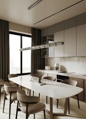 Elegant contemporary beige kitchen room interior .3drender. Modern interior design.