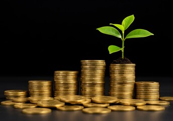 Growing plants on stacks of gold coins representing sustainable investment, financial stability, and business prosperity.