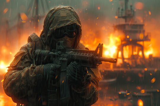 An armed soldier standing amid fire and stormy conditions