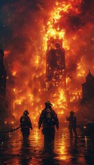 A heroic firefighter doing his job amidst roaring flames