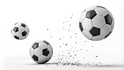Obraz premium Three Soccer Balls Impact, Particle Dispersion, 3D Render, Sports, Football Soccer Ball, 3D Rendering