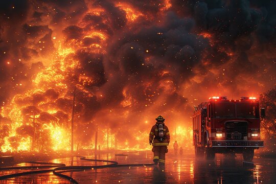 A fearless firefighter working through thick smoke and raging fire.