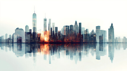 Obraz premium Glowing Manhattan skyscrapers reflecting on calm waters, luminous sunset casting dramatic light across iconic cityscape