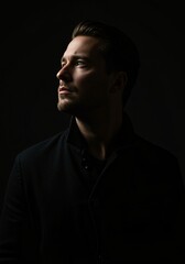 Fototapeta premium A man in a black coat gazes upwards into dramatic lighting, with shadows highlighting his face against a dark, moody background.