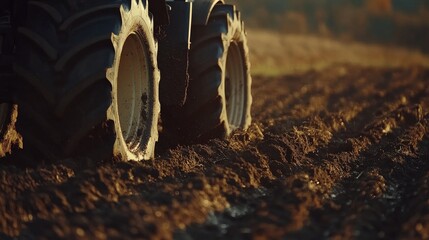 Close-up of muddy tractor tires in a plowed field at sunset, showcasing agricultural work and the texture of soil.